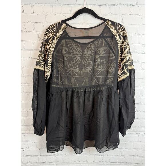 SUNDANCE black silk beige embroidered semi-sheer blouse top size XL NWOT - Picture 7 of 8